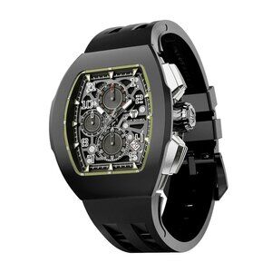Tsar Bomba Quartz Chronograph Skeleton Mens Stainless Steel Watch Tonneau TB8218